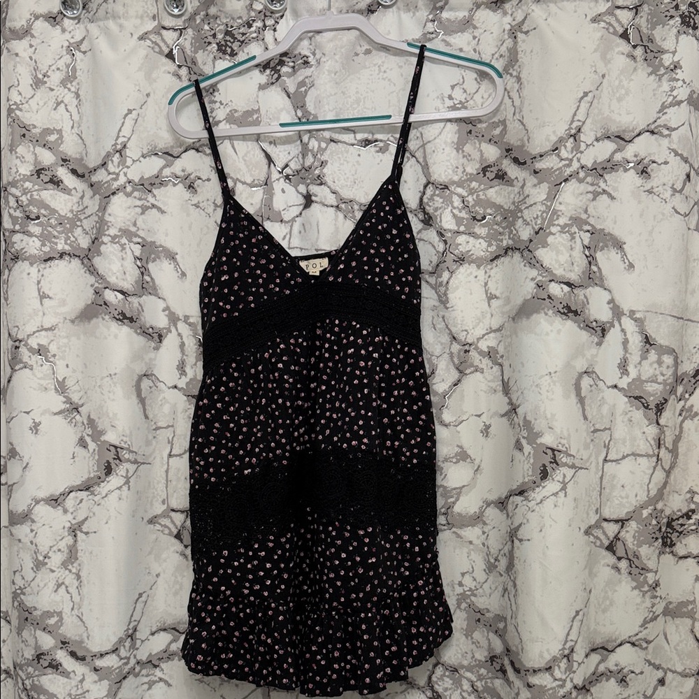 POL Black and Pink Floral Lace Crochet Tunic